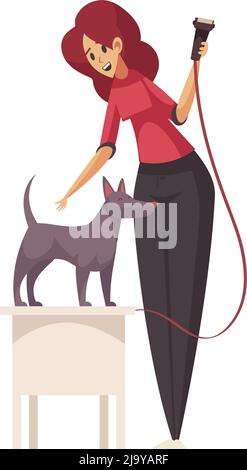 Composizione piatta per la cura del corpo con carattere di donna con rasoio elettrico e disegno vettoriale del cane sul tavolo Illustrazione Vettoriale