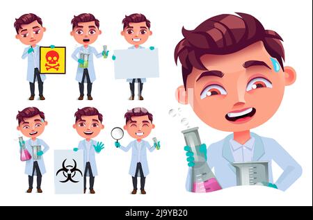 Set di caratteri vettoriali per ragazzo studente. Ragazzi scienziato scuola personaggi con provetta di prova, cartello di pericolo e Lab cappotto elementi di attività per i bambini educativi. Illustrazione Vettoriale