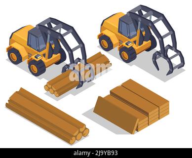 Segheria legname lumberjack composizione isometrica con immagini isolate di caricatori industriali manipolatori veicoli e illustrazione vettoriale legno Illustrazione Vettoriale