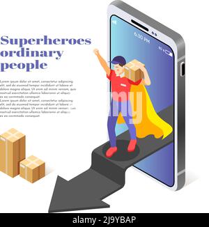 Persone comuni come supereroi composizione isometrica con corriere uomo servizio illustrazione vettoriale del pacchetto che esce dallo smartphone Illustrazione Vettoriale