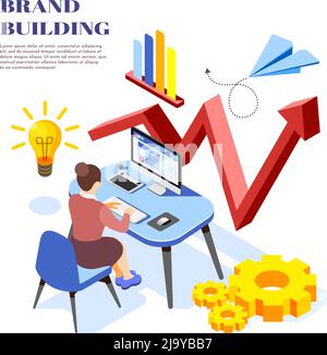 Idee di costruzione del marchio composizione di base isometrica con le donne che analizzano le entrate diagramma di crescita sullo schermo del computer illustrazione vettoriale Illustrazione Vettoriale
