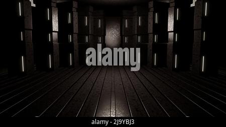 Futuristico Metallic Empty Tunnel Hallway Gate oscurato Black Banner sfondo piedistallo concetto per Showroom Studio Montage 3D Illustrazione Foto Stock