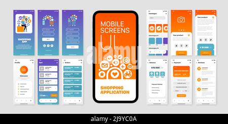 Schermi mobili impostati con l'interfaccia utente dell'applicazione di acquisto immagine vettoriale piatta isolata Illustrazione Vettoriale