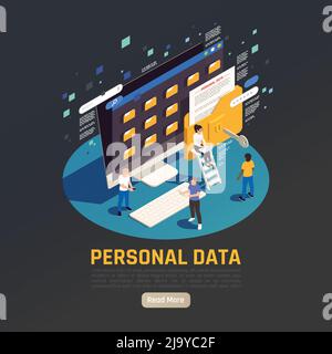 Privacy protezione dei dati gdpr sfondo isometrico con computer desktop con cartelle persone e leggere di più pulsante vettore illustrazione Illustrazione Vettoriale