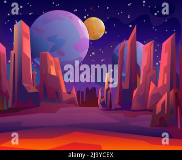 Paesaggio roccioso fantasy. Pianeti satelliti nello spazio. Cielo stellato notturno. Splendido scenario in pietra. Design in stile cartoon flat. Vettore. Illustrazione Vettoriale