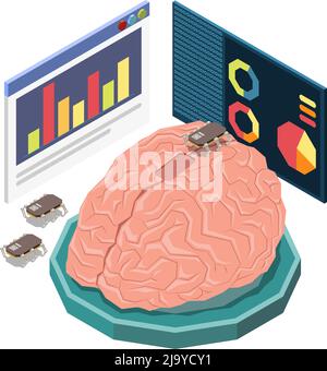 Educazione STEM concetto isometrico composizione icone con immagine del cervello umano con infografica schermate illustrazione vettoriale Illustrazione Vettoriale