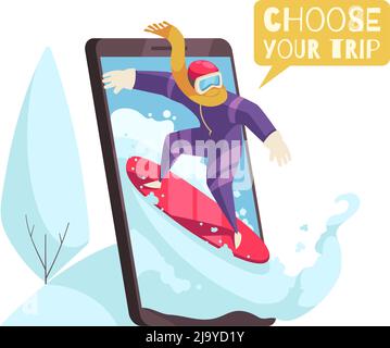 Composizione prenotazione viaggi con smartphone e uomo su snowboard vettore illustrazione Illustrazione Vettoriale