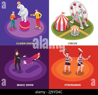 Le icone isometriche di Circus Concept sono impostate con simboli di spettacolo magico Illustrazione Vettoriale
