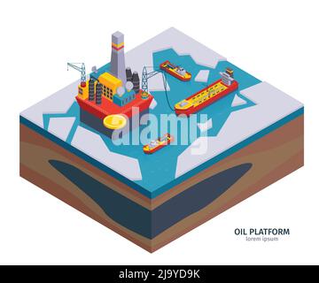 Composizione isometrica dell'industria petrolifera con testo modificabile e immagini della piattaforma di estrazione dell'olio sull'illustrazione del vettore ghiaccio Illustrazione Vettoriale