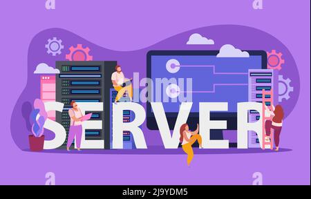 Composizione piatta con amministratori di sistema maschili e femminili computer server monitor illustrazione vettoriale Illustrazione Vettoriale