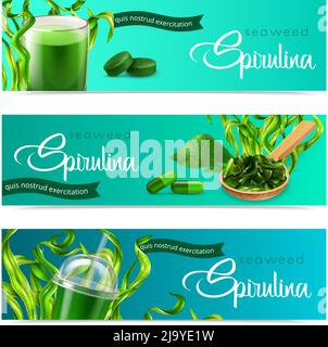 Striscioni horitontal spirulina realistici insieme con immagini di alghe mature e prodotti pronti con testo ornato illustrazione vettoriale Illustrazione Vettoriale