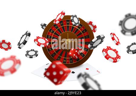 Floating poker club dadi chips roulette giocare carte assi closeup realistico gioco online pubblicità composizione vettore illustrazione Illustrazione Vettoriale