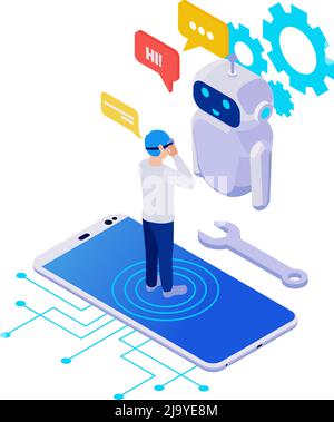 Icona isometrica dell'applicazione chatbot con smartphone e personaggio che indossa occhiali di realtà virtuale illustrazione vettoriale Illustrazione Vettoriale