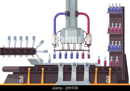 Illustrazione vettoriale piatta delle bottiglie di riempimento delle attrezzature robotizzate degli impianti Illustrazione Vettoriale