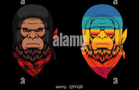 Bigfoot biker che indossa un casco e bandana lumberjack illustrazione vettoriale Illustrazione Vettoriale