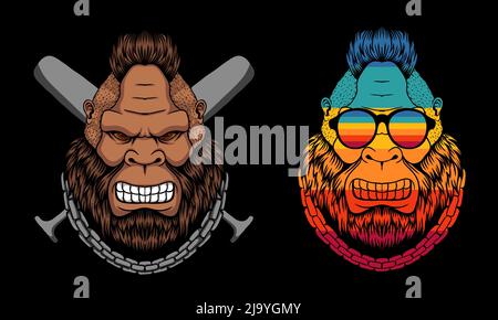 Bigfoot arrabbiato mohawk capelli con bastone baseball vettore illustrazione Illustrazione Vettoriale