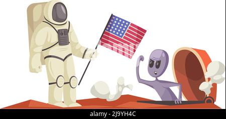 Cartoon divertente alieno arrabbiato con l'astronauta americano in illustrazione vettoriale spacesuit Illustrazione Vettoriale