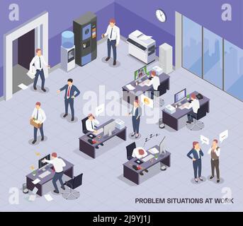 Situazioni di problema sul lavoro composizione colorata isometrica con spazio aperto e illustrazione vettoriale del processo di lavoro Illustrazione Vettoriale