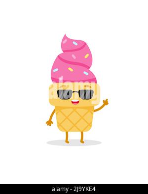 Cartoon rosa occhiali da sole gelato emoji carattere. Cibo dolce. Carino illustrazione vettoriale Illustrazione Vettoriale