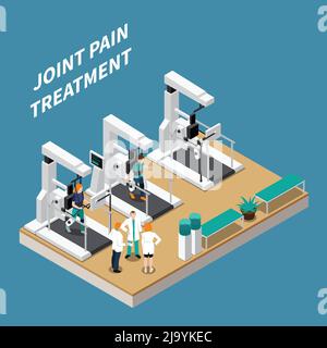 Trattamento del dolore articolare composizione isometrica con medici e pazienti sottoposti a riabilitazione a moderne attrezzature di fisioterapia illustrazione vettoriale Illustrazione Vettoriale