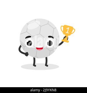 Personaggio vincitore della palla di calcio con la tazza. Illustrazione di fumetto di calcio. Illustrazione Vettoriale