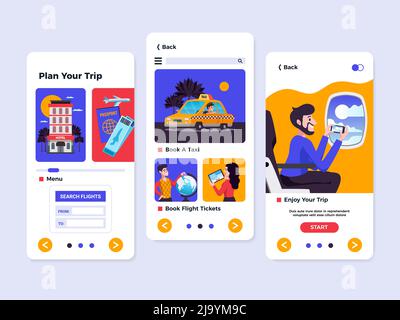 Tre viaggi turismo prenotazione banner verticale insieme con pianificare il viaggio prenotare un taxi e biglietto di volo e godere il vostro viaggio descrizioni vettore illustratio Illustrazione Vettoriale