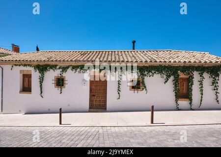 tipica casa andalusa bianca con porte in legno e verde edera sulla sua facciata. Foto Stock