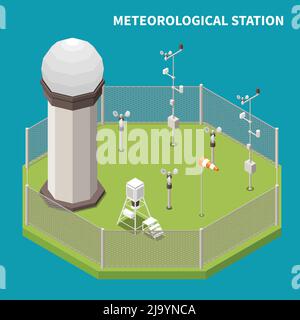 Previsione meteo concetto isometrico con simboli di stazione meteorologica illustrazione vettoriale Illustrazione Vettoriale