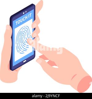 Icona di identificazione biometrica isometrica con le mani umane che utilizza il riconoscimento delle impronte digitali sull'illustrazione vettoriale dello smartphone 3D Illustrazione Vettoriale