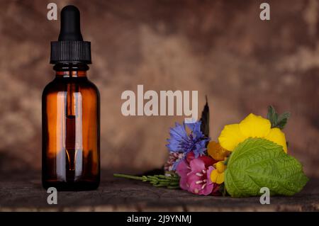 Mockup, bottiglia di olio essenziale con piante medicinali e fiori, aromaterapia, fitoterapia, estratti naturali di olio essneziale per il benessere e il benessere. BAC Foto Stock