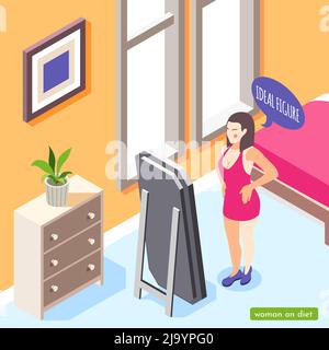 Donna su dieta sfondo isometrico con camera da letto interna composizione e carattere femminile guardando in speculare vettore illustrazione Illustrazione Vettoriale