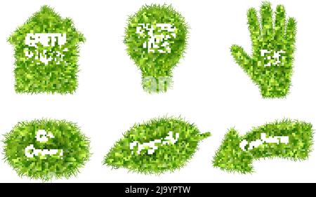 Vai verde realistico ecologico erba coperta sostenibile foglia casa freccia luce bulbo simboli mano set vettore illustrazione Illustrazione Vettoriale