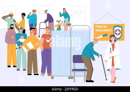 Trasformare la composizione piatta vaccino persone con i caratteri dei visitatori della clinica dando il posto a uomo anziano in coda illustrazione vettoriale Illustrazione Vettoriale