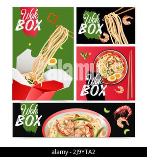 Tagliatelle cinesi 4 poster pubblicitari realistici Banners set con piatti wok STIR fry illustrazione vettoriale Illustrazione Vettoriale