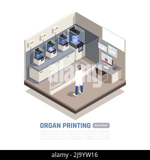 Man watching processo di organi umani stampa 3d composizione isometrica illustrazione vettoriale Illustrazione Vettoriale