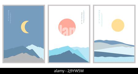 Poster paesaggio di montagna set di illustrazioni vettoriali. Illustrazione vettoriale. Illustrazione Vettoriale