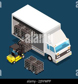 Logistica composizione colorata isometrica personalizzata e carico caricato in un grande vettore di camion illustrazione Illustrazione Vettoriale