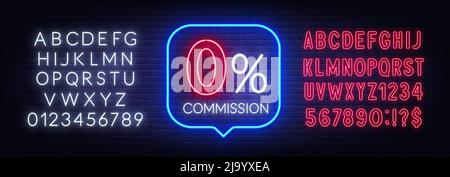Zero percento di commissione neon segno nella bolla del discorso su sfondo muro di mattoni. Illustrazione Vettoriale