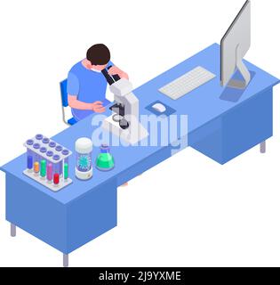Icona isometrica di vaccinazione con l'uomo che lavora in laboratorio illustrazione vettoriale 3d Illustrazione Vettoriale