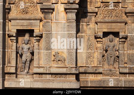 Scultura degli dei Indù sul Gopuram del Tempio di Nataraja, Chidambaram, Tamil Nadu, India Foto Stock