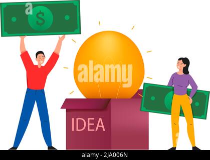 Composizione di crowdfunding con icone piatte di lampada all'interno di idea box e persone con banconote illustrazione vettoriale Illustrazione Vettoriale