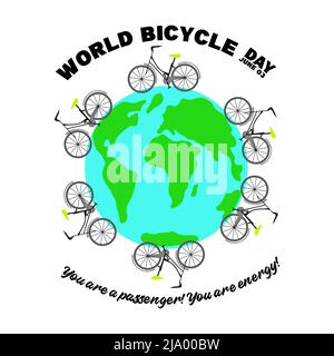 3rd giugno modello della Giornata Mondiale della bicicletta per banner, biglietti d'auguri, Logo, Mnemonic, Symbol, Illustrazione della progettazione di icone, etichette, banner o poster Illustrazione Vettoriale
