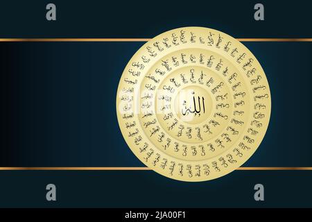 Calligrafia araba dei nomi di dio su disco d'oro con spazio di copia Foto Stock