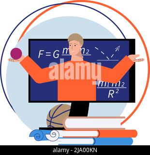 Composizione di tutoring online piatta con libri e insegnante di matematica su schermo computer illustrazione vettoriale Illustrazione Vettoriale
