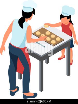 Madre e figlia che cucinano insieme in cucina isometrica illustrazione vettoriale Illustrazione Vettoriale