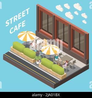 Street cafe terrazza di concetto isometrico e colorato con due tavoli e grandi ombrelli illustrazione vettoriale Illustrazione Vettoriale