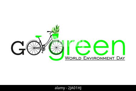 Poster creativo o Banner della Giornata Mondiale dell'ambiente. Go Green Oand GO eco Concept. Uso di biciclette invece di automobili per evitare l'inquinamento atmosferico Illustrazione Vettoriale