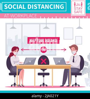 Infografica cartoon con le persone che mantengono la distanza sociale sul posto di lavoro in ufficio illustrazione vettoriale Illustrazione Vettoriale