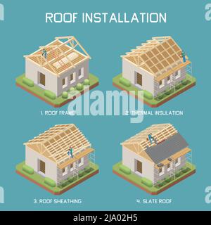 Fasi di installazione del tetto in ardesia 4 elementi isometrici con guaina isolante termico del telaio poster informazioni illustrazione vettoriale Illustrazione Vettoriale