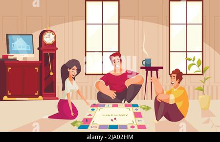 Giochi da tavolo soldi composizione due uomini e una donna giocano sul pavimento nella stanza illustrazione vettoriale Illustrazione Vettoriale